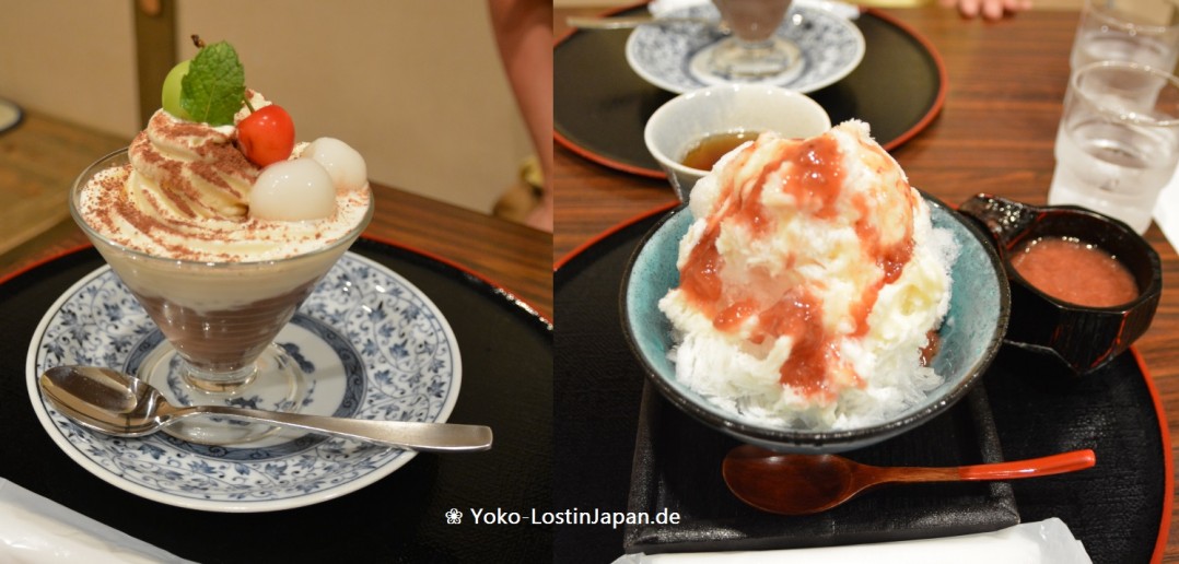 Links: Schoko-Sahne-Etwas von meinem Freund. Rechts: Kakigori-Eis mit Vanille- und Erdbeer-Soße